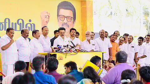 DMK president and Chief Minister MK Stalin speaking at event.