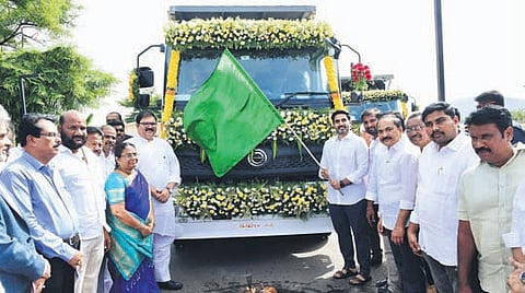 Minister for IT Nara Lokesh inaugurates sophisticated vehicles to repair roads and to transfer garbage at his residence in Undavalli on Monday.