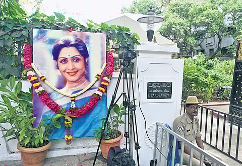 A portrait of actress B Saroja Devi outside her Malleswaram residence on Monday; (below) In a career spanning almost six decades, she acted with veterans like Dr Rajkumar and MGR.