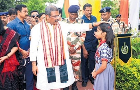 Pradhan interacting with a student at the ITBP campus on Monday