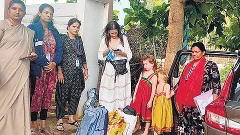 Russian woman Nina Kutina and her kids at the detention centre in Tumakuru