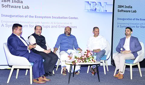 Minister for Industries, Law and Coir P Rajeeve along with Dinesh Nirmal Senior vice-president IBM Software and KSIDC MD Mir Mohammed Hanish after the launch of IBM's Ecosystem Incubation Centre (EIC) at Lulu Cyber Tower 2 at Infopark Phase I