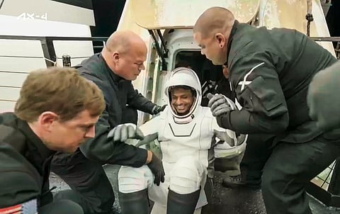 Axiom-4 mission crew member and astronaut Shubhanshu Shukla reaches Earth with other crew members of the mission after the Dragon spacecraft splashed down off California.
