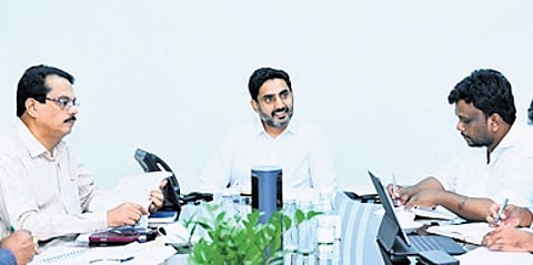 HRD and IT Minister Nara Lokesh held a review meeting at his Undavalli residence on Wednesday