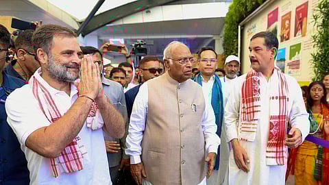 Congress President Mallikarjun Kharge with party leader and LoP in Lok Sabha Rahul Gandhi arrives at Guwahati airport, Wednesday, July 16, 2025.