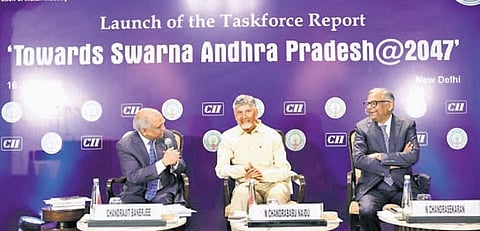 Chief Minister Nara Chandrababu Naidu releases ‘Towards Swarna Andhra Pradesh @2047’ report in New Delhi on Wednesday