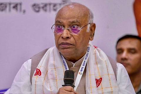 In this image posted by @INCIndia on July 16, 2025, Congress President Mallikarjun Kharge during a meeting with party leaders from Assam.