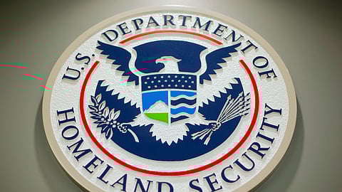 The Department of Homeland Security logo is seen during a news conference in Washington, Feb. 25, 2015.