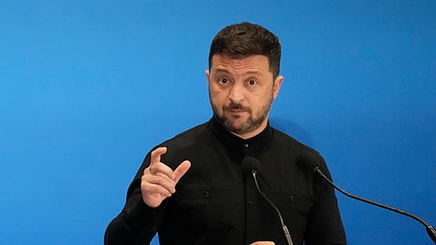 Ukraine's President Volodymyr Zelenskyy speaks with reporters during the Ukraine Recovery Conference at La Nuvola convention center in Rome, Thursday, July 10, 2025.