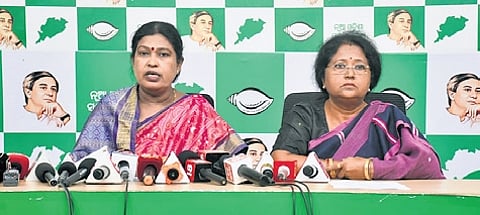 BJD vice-president Snehangini Chhuria and former MP Rajashree Mallick addressing a media conference