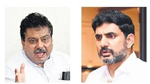 Karnataka Industries Minister MB Patil (L) and Andhra Pradesh IT Minister Nara Lokesh