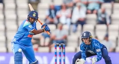 Deepti Sharma plays a shot during the first ODI between India and England in Southampton.