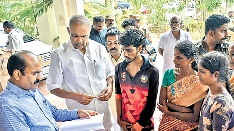 Speaker M Appavu and the victim’s family submit a petition to district collector