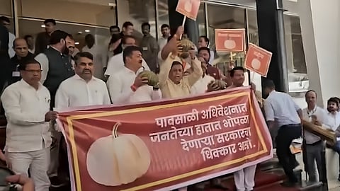 The Opposition chanted slogans like "loan waiver for farmers - a pumpkin", "healthcare for people - a pumpkin", "rights for tribals - a pumpkin", and "education for students and jobs for workers - a pumpkin".