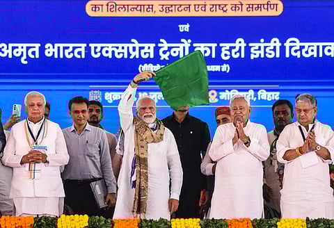 Prime Minister Narendra Modi with Bihar Governor Arif Mohammed Khan, Union Minister Rajiv Ranjan Singh and Bihar Chief Minister Nitish Kumar during the inauguration and foundation stone laying ceremony of various developmental projects, in Motihari, Bihar, Friday, July 18, 2025.