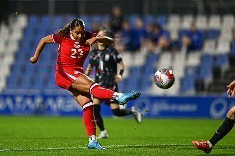 Canada's Olivia Smith tries a shot during the international women's friendly soccer match between Canada and South Korea at the Pinatar Arena Football Center in Murcia, Spain, on Dec. 3, 2024.