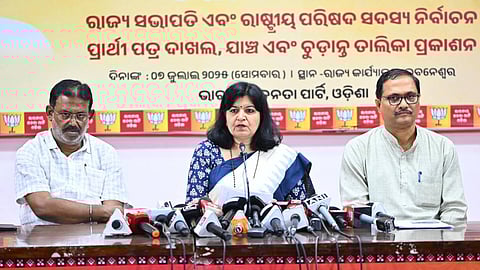 BJP MP Aparajita Sarangi addressing the media conference on Thursday