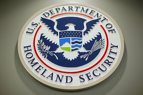 The Department of Homeland Security logo is seen during a news conference in Washington, Feb 25, 2015.