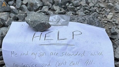 This undated photo provided by the Calaveras County, Calif., Sheriff's Office shows a note that was left by a woman and her 9-year-old son, who got lost in a California forest while driving to a Boy Scouts camp, and found by rescuers who then located the pair on Saturday, July 12, 2025.