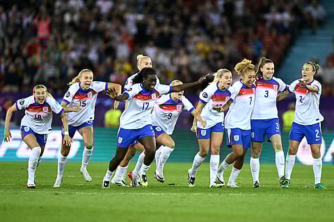England's players celebrate at the end of the UEFA Women's Euro 2025 quarter-final football match between Sweden and England at Letzigrund Stadium in Zurich, on July 17, 2025.