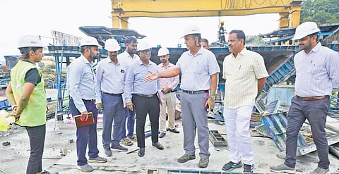 BBMP Chief Commissioner Maheshwar Rao inspects the segment casting yard at Sakalavara on Friday