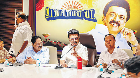 CM MK Stalin talking to DMK MPs at the party headquarters on Friday