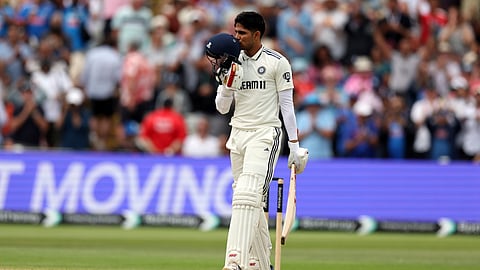 India's captain Shubman Gill celebrates after scoring a century during day four of the second cricket test match between England and India at Edgbaston in Birmingham, England, Saturday, July 5, 2025.