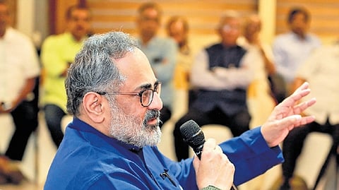 BJP state president Rajeev Chandrasekhar interacting with the public during the ‘Coffee with RC’ event in Kochi on Saturday
