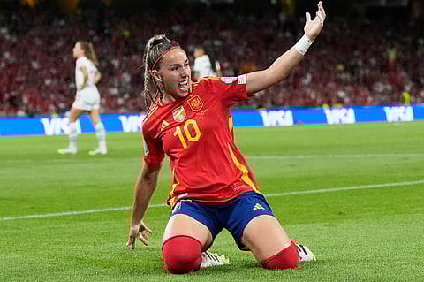 Spain's Athenea celebrates after scoring the opening goal during the Women's Euro 2025 quarterfinals soccer match between Spain and Switzerland at Stadion Wankdorf in Bern, Switzerland, Friday, July 18, 2025.