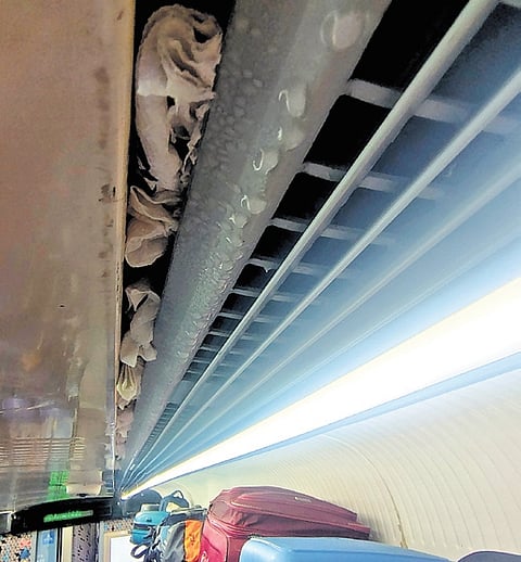 Water seen dripping from the AC units in a Vande Bharat train (Train No. 20704) on Friday