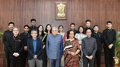 Vice President Jagdish Dhankar addressing the officer trainees of IDES 2024 batch at the Vice-President’s Enclave in New Delhi.
