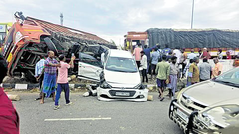 The mangled remains of the vehicles that piled up on the Hosur-Krishnagiri National Highway on Sunday.