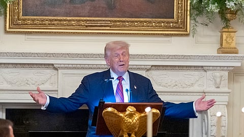 US President Donald Trump speaks during an event in the State Dining Room of the White House, Friday, July 18, 2025, in Washington.