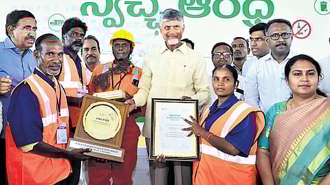 CM Chandrababu Naidu honouring sanitation workers in Tirupati as part of Swarna Andhra-Swachh Andhra event