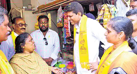 Union Minister of State for Rural Development and Communication Dr Pemmasani Chandrasekhar interacting with public during Suparipalana lo Tholi Adugu program in Guntur West constituency on Sunday.
