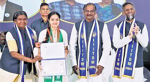 ISRO Chairman Narayanan and IIITDM Kurnool Chairperson Vijayalakshmi Deshmane presenting degrees to graduates at the 7th convocation in Kurnool.