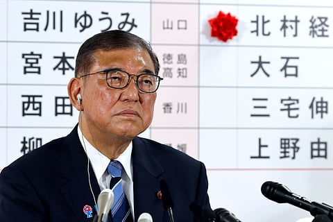 Shigeru Ishiba, Japan's Prime Minister and president of the ruling Liberal Democratic Party (LDP) meets the media at the LDP headquarters in Tokyo, Sunday, July 20, 2025.