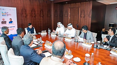 Madhya Pradesh Chief Minister Mohan Yadav during a meeting with Emirates Airlines and Dubai Civil Aviation Authority Chairman Sheikh Ahmed bin Saeed Al Maktoum, in Dubai on Monday.