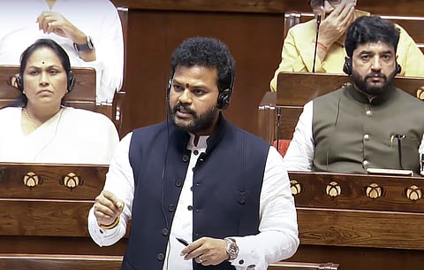 Union Minister K Rammohan Naidu speaks in the Rajya Sabha during the first day of the Monsoon session of Parliament, in New Delhi, Monday, July 21, 2025