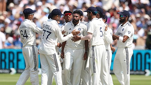 India's Mohammed Siraj, center, celebrates with teammates after the dismissal of England's Ollie Pope during the fourth day of the third cricket test match between England and India at Lord's cricket ground in London, Sunday, July 13, 2025.