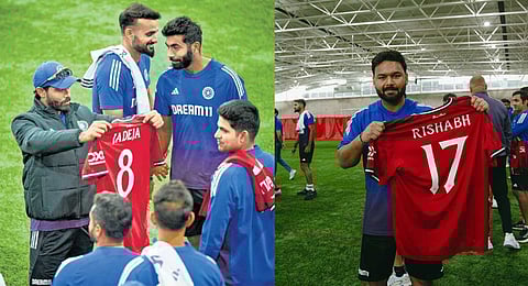Ravinder Jadeja, Akash Deep, Jasprit Bumrah, Shubman Gill and Rishabh Pant at the Man United training centre.