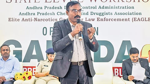 EAGLE chief Ake Ravi Krishna addressing the chemists and pharmaceutical traders at the state-level workshop in Vijayawada on Monday.