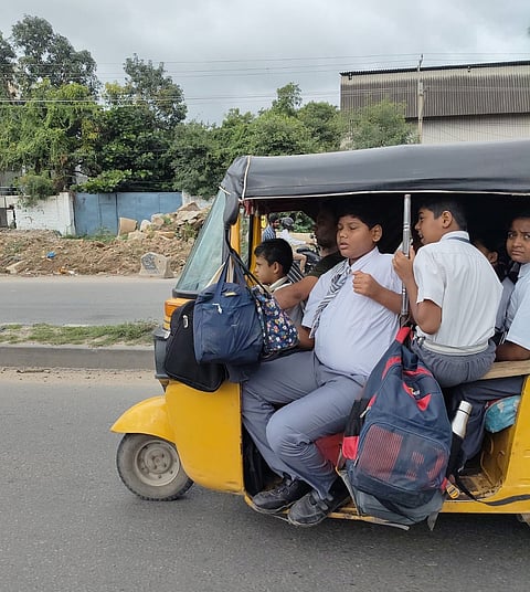 Around eight to 10 schoolchildren seen stuffed inside an autorickshaw flouting norms