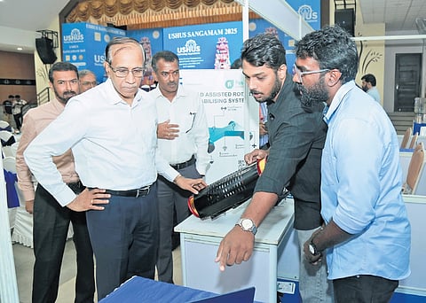 Cochin Shipyard chairman Madhu S Nair at the startup exhibition stall in Dolphin Club on Monday