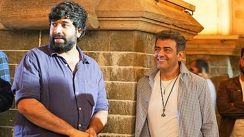 Adhik Ravichandran (L) and Ajith Kumar on the Good Bad Ugly set