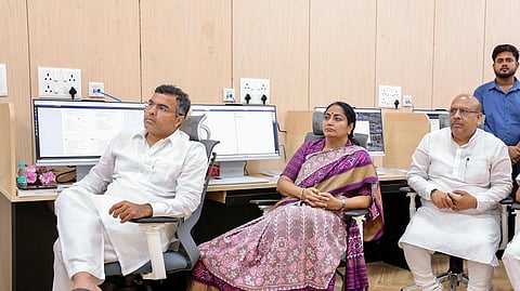 Delhi Chief Minister Rekha Gupta, Delhi PWD Minister Parvesh Sahib Singh and Delhi Assembly Speaker Vijender Gupta, attend a three-day training program organised for the upcoming monsoon during their visit to National e-Vidhan Application (NeVA) room at the Delhi Legislative Assembly premises, in New Delhi on Tuesday.