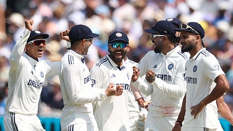 Indian players celebrates the dismissal of England's Ollie Pope during the fourth day of the third cricket test match between England and India at Lord's cricket ground in London, Sunday, July 13, 2025.
