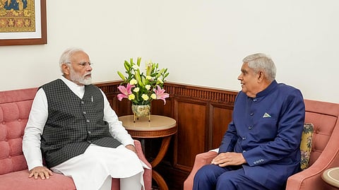 Prime Minister Narendra Modi with Vice President Jagdeep Dhankhar, who resigned from his post on Monday.