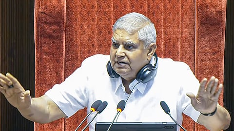 Rajya Sabha chairman Jagdeep Dhankhar conducts the proceedings of the house during the Monsoon Session of the Parliament, in New Delhi, July 21, 2025.