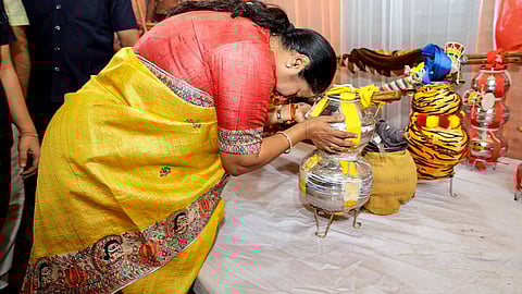 Delhi Chief Minister Rekha Gupta, during her visit to the 25th Kanwar Seva Camp organised at the Punjabi Bagh industrial area on Sunday.